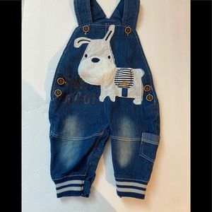 Woof Woof denim overalls with white dog